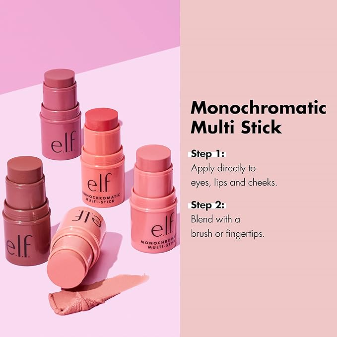e.l.f. モノクロマティック マルチスティック トラベルサイズ、贅沢なクリーミーさとなじみやすさで目元、唇、頬に使える、ヴィーガン＆クルエルティフリー、ダズリングピオニー、0.17oz