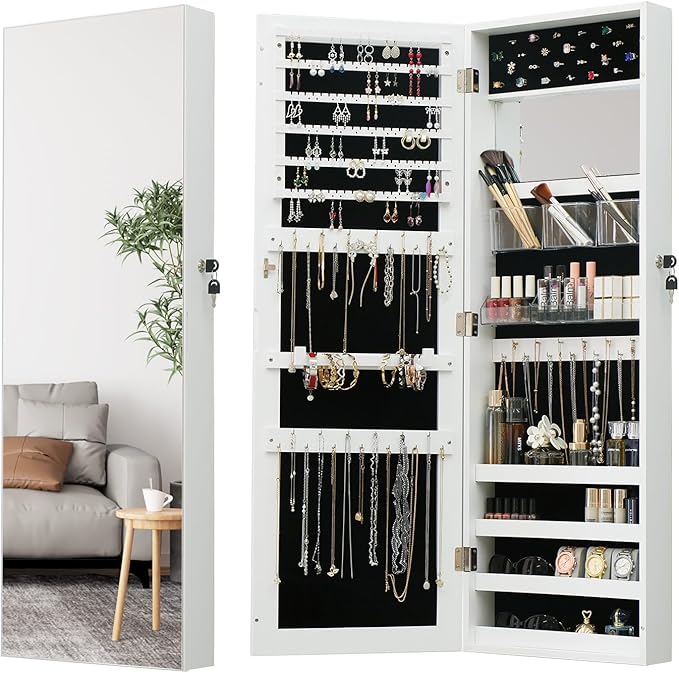 Full Length Mirror Jewelry Cabinet - 2-in-1 Organizer for Makeup and Jewelry,Lockable Door Wall-Mounted Jewelry Armoire with Shelves and Behind the Door Storage White