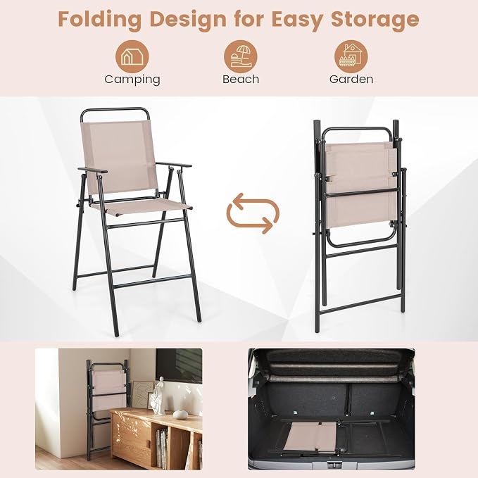 COSTWAY Outdoor Folding Bar Chairs Set of 2, 24 Inch Counter Height High Top Chairs with Metal Frame, Armrest & Footrest, Patio Barstools for Balcony, Poolside, Backyard, Beige