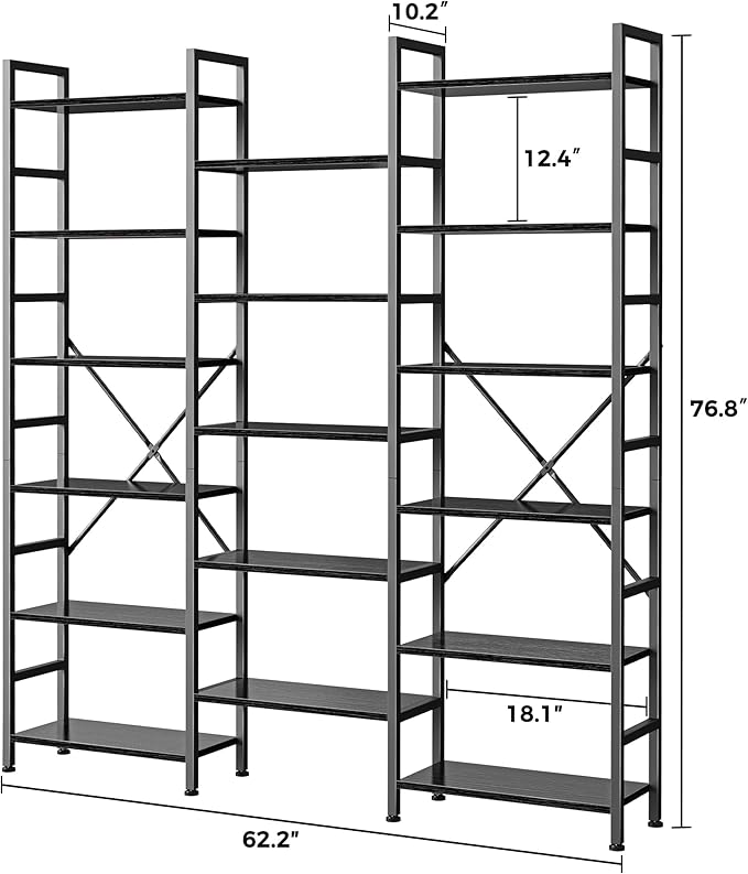 SUPERJARE Triple Bookshelf, Bookcase with 17 Open Display Shelves, Wide Book Shelf Book Case for Home & Office, 6 Tier, Black