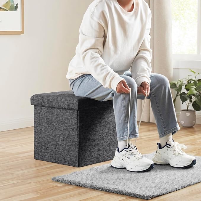 Ornavo Home Folding Storage Ottoman, 15 Inch Storage Cube with Lid, Foot Rest Stool for Bedroom, Living Room, Entryway, Tufted Linen Upholstered - Dark Gray