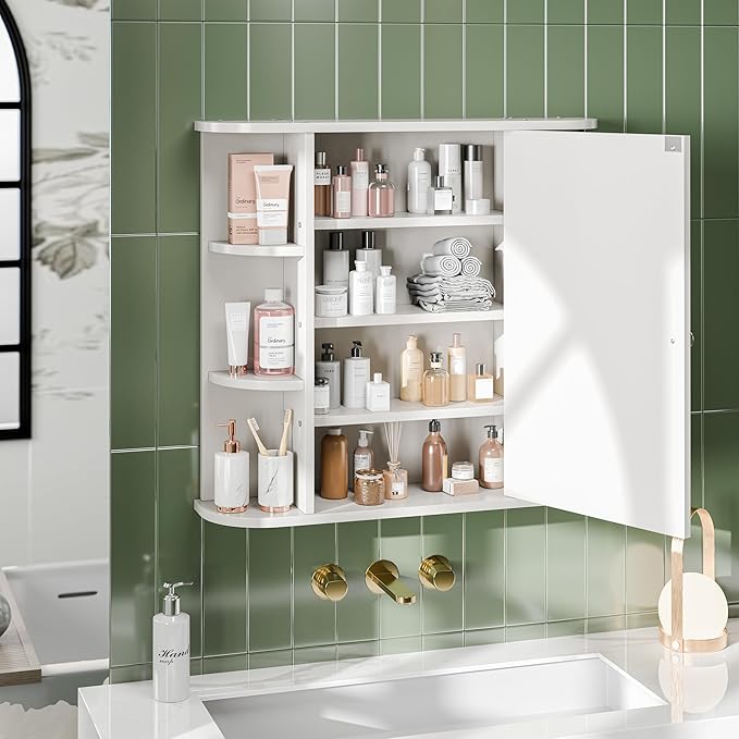 Bathroom Medicine Cabinet, Bathroom Mirror Cabinet Wall Mounted with 6 Side Open Shelves, White Wall Cabinet with Mirror, White