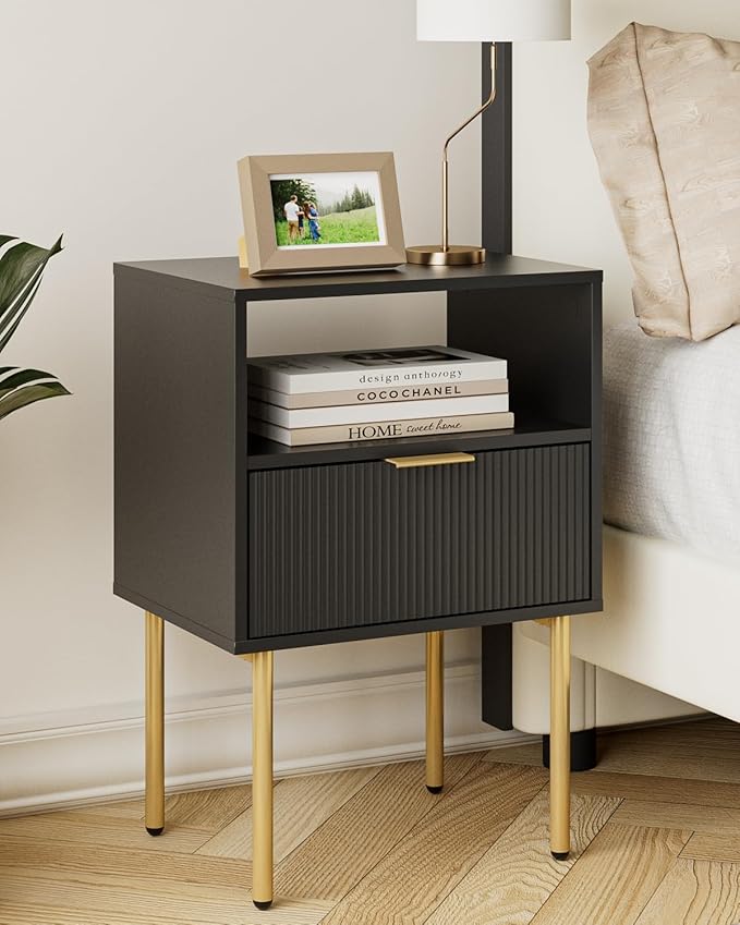 Aienvey Night Stand, Modern Nightstand with Drawers, Bedside Table, Gold Small Side Table for Bedroom, Living Room End Table (Black Stripe, 1 Drawer)
