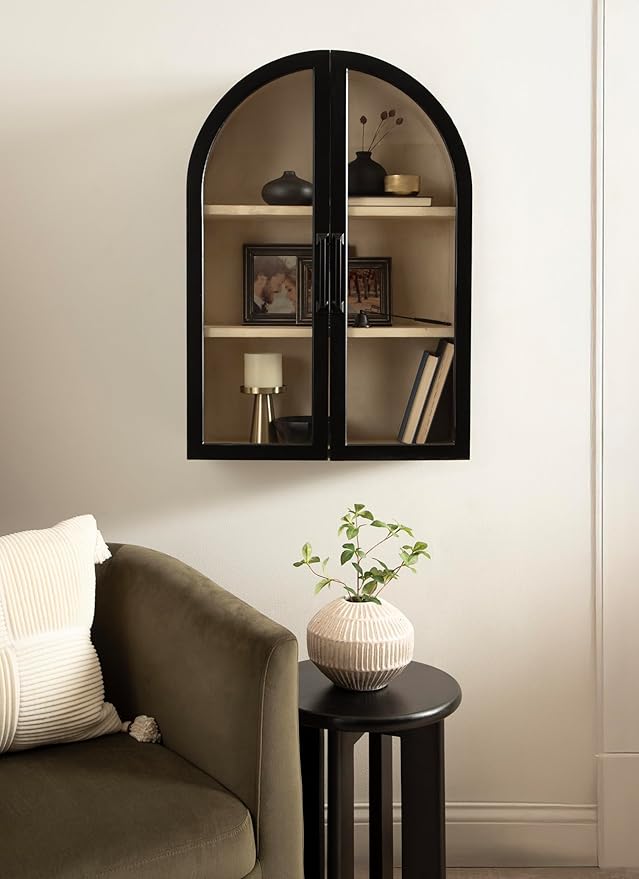 Kate and Laurel Arcott Modern Arch Wall Cabinet, 21 x 8 x 30, Natural Wood and Black, Transitional Arched Cabinet for Use as Over-the-Toilet Storage or Living Room Storage Cabinet