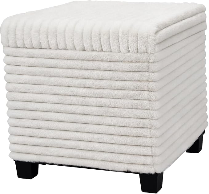 ABHENG 17.7 inches Faux Fur Ottomans Cube with Legs, Metal Framed Vanity Stool Chair Storage Ottoman Foot Rest Stool, Holds 770 LB for Dorm Living Room Bedroom White UASND644W