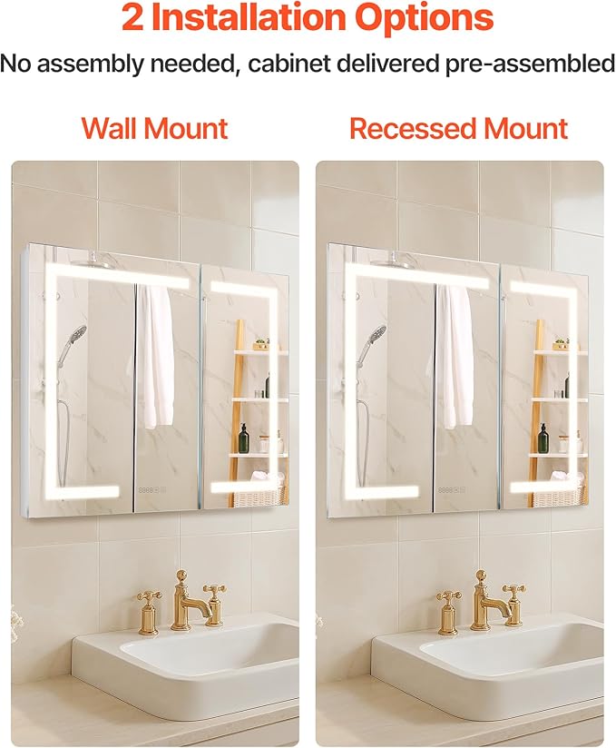 VEVOR Lighted Medicine Cabinet with Mirror, 36 x 30 in Recessed or Wall Mount, 3 Color Dimmable LED Bathroom Medicine Cabinet with HD Mirror, Clock, Adjustable Shelve Storage, Memory Defog Function