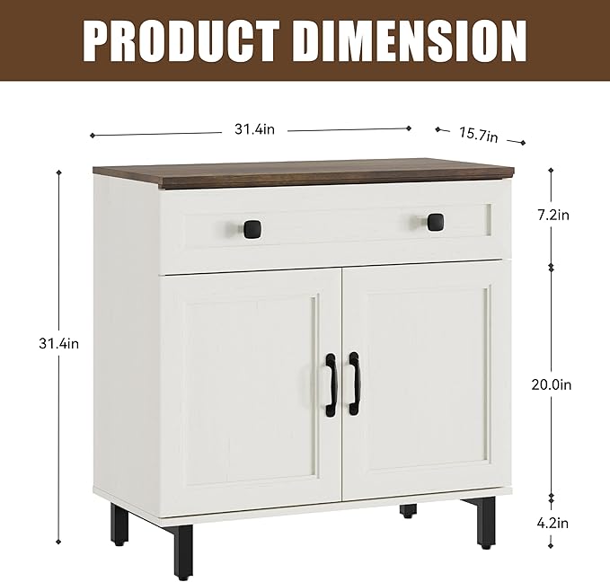 FENSULN Buffet Sideboard Cabinet Farmhouse Modern 2 in 1 Storage Cabinet with Drawer and Adjustable Shelves for Kitchen, Coffee Bar, Living Room, White