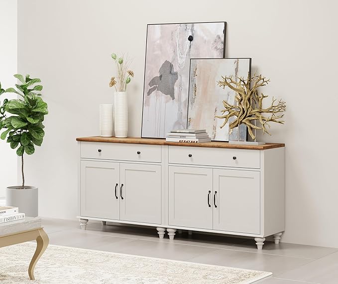 WAMAPT Buffet Cabinet with 4 Doors and 2 Drawers, Large Coffee Bar Table Wood Kitchen Storage Cabinets with Storage Cabinets, Modern Farmhouse Sideboard Credenza for Dining Room, Off White, 68 inch