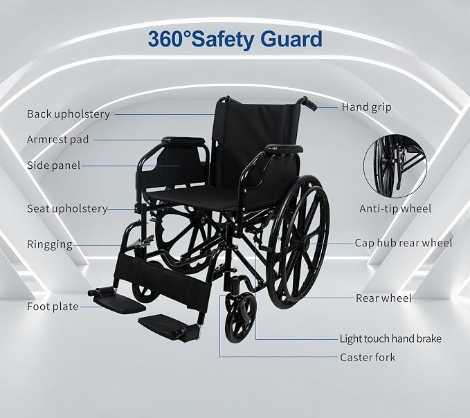 IDEALHOUSE Wheelchairs for Adults Lightweight Foldable, 18" Seat Wheelchair, Flip-Up Arms & Removable Footrests, Portable Transport Wheelchair Lightweight Foldable, Wheel Chair for Adults, 220lbs