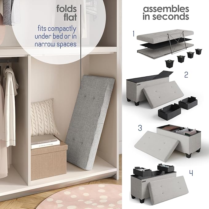 Storage Ottoman Bench with Bins, 30-in Storage Bench for Bedroom End of Bed, Folding Foot Rest Ottoman for Living Room Max 660lbs, Fabric Ottomans, Light Grey