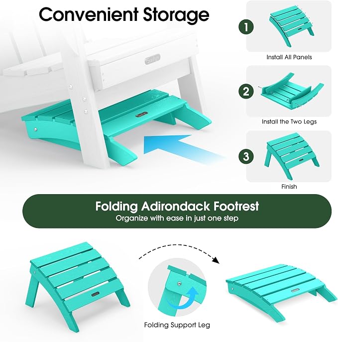 Adirondack Ottoman Footrest for Adirondack Chair, All-Weather HDPE Outdoor Foot Stool, Folding Patio Ottoman for Lawn, Garden, Deck, Backyard, Lake Blue