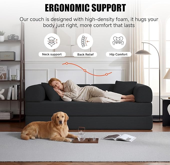 79" Compressed Sofa, Convertible Sofa Bed, Corduroy Compression Boneless Couch with Pillow, Comfy Modular Foldable Floor Sleeper Sofa for Bedroom, Living Room, Lounge, Studio (Black)