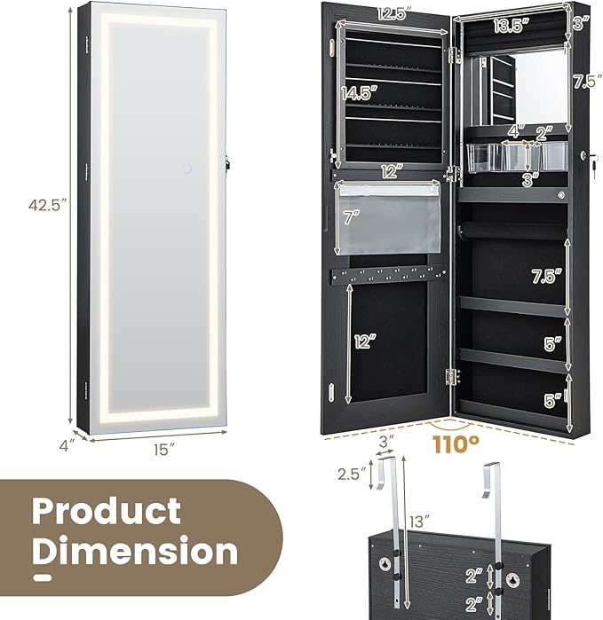 CHARMAID LED Mirror Jewelry Cabinet, Lockable Jewelry Armoire with Adjustable Lighted Full Length Mirror, 3 Lighting Sets, Wall Mounted Door Hanging Jewelry Storage Organizer (Black, 42.5''H)