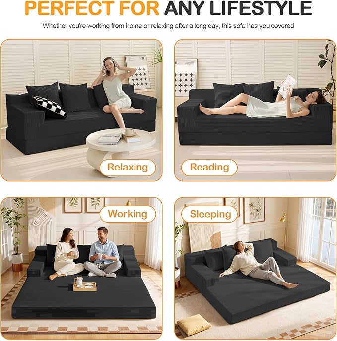 Erament 3 Seater Boneless Couch Sofa Bed, 78'' Corduroy Oversized Loveseat Folding Sofas Bed, Compression Convertible Futon Floor Couch Sofa Beds with 3 Pillows for Living Room Bedroom Apartment