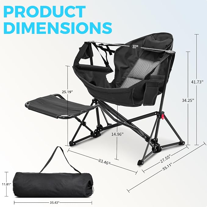 Ainfox Hammock Camping Chair with Footrest, Oversized Folding Swinging Chair for Adults, Rocking Portable Camp with Cup Holder Pillow for Outdoor Patio Lawn Poolside (Matt Black‌)