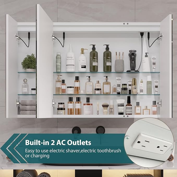 DICTAC Medicine Cabinet with Mirror and LED Light, Wall Mounted Bathroom Mirror with Storage, 3 Doors Bathroom Wall Cabinet, Memory Dimmable 3 Color Temp, Adjustable Shelves, 39.4''x23.6''