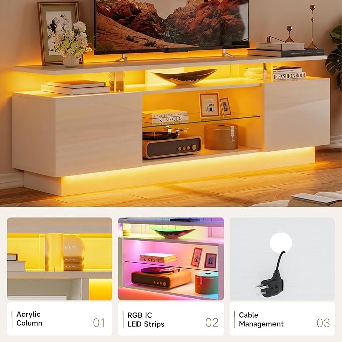 70” High-Glossy TV Stand with 2 Side Cabinets, Modern Stylish TV Console with 3 Layer LED Lights,Gaming TV Media Console with Adjustable Glass Shelf, Remote&APP Control, White