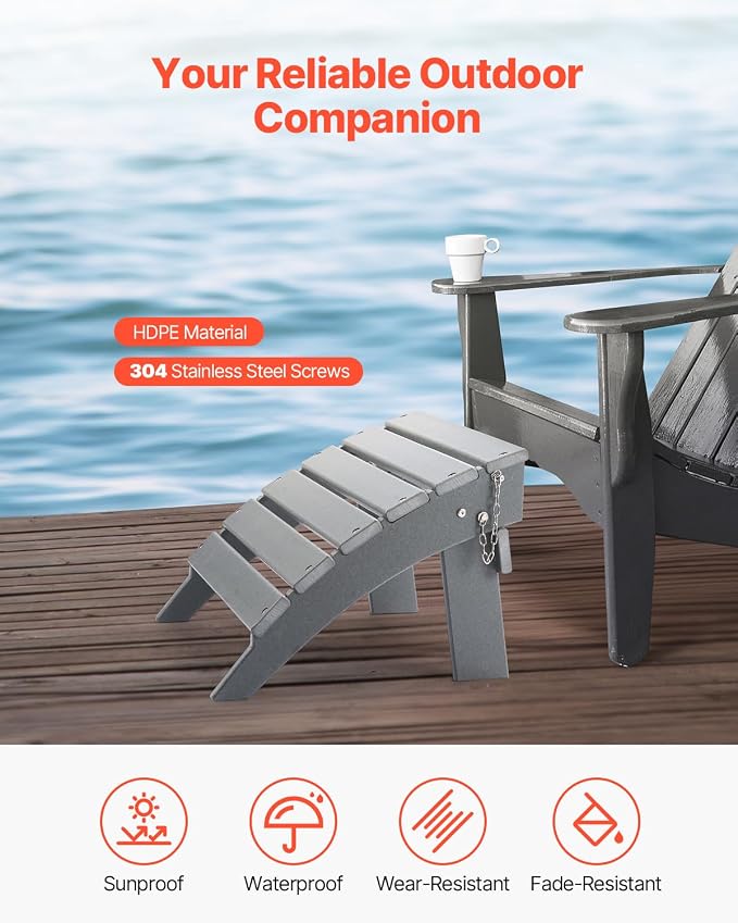VEVOR Adirondack Ottoman, 16.9L x 18.9W x 13H Inch HDPE Plastic Folding Adirondack Ottoman, Weather-Resistant Foot Rest for Adirondack Chair, Widely Used for Outside Porch Pool Lawn Backyard, Gray