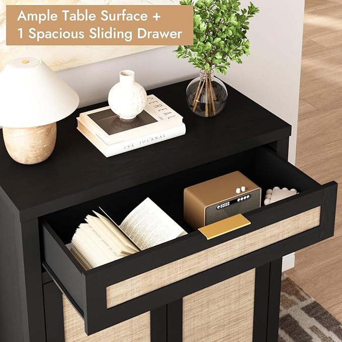 HOKYHOKY Rattan Sideboard Buffet Cabinet, Boho Storage Cabinet with Adjustable Shelf, Farmhouse Credenza Coffee Bar Cabinets with Doors & Drawer for Living Room, Hallway & Kitchen, Black