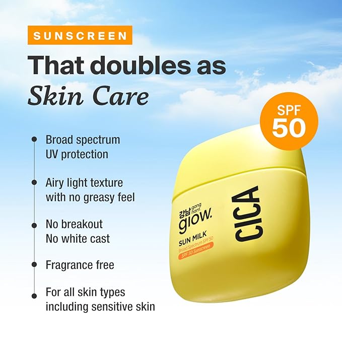 GANGNAM glow CICA SUN MILK, Moisturizer with SPF 50, Invisible Broad Spectrum Sunscreen for Face, No White Cast, Sun Protection with Cica and Niacinamide, Glow Natural Korean Sunscreen 1.69 fl.oz