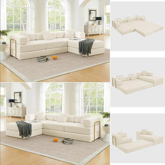 HANXIN 108" Modular Sectional Sofa, Futon Convertible Sofa Bed,Oversized Corduroy Boneless Couch for Living Room,Floor Loveseat Sleeper with Pull Out Bed,Free Combination,No Assembly Required (Beige)