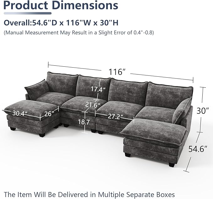 U Shaped Modular Sectional Sofa, Cloud Couch with Movable Ottoman, Comfy Chenille Sofa with Pillows for Living Room, Bedroom, Apartment, Dark Gray