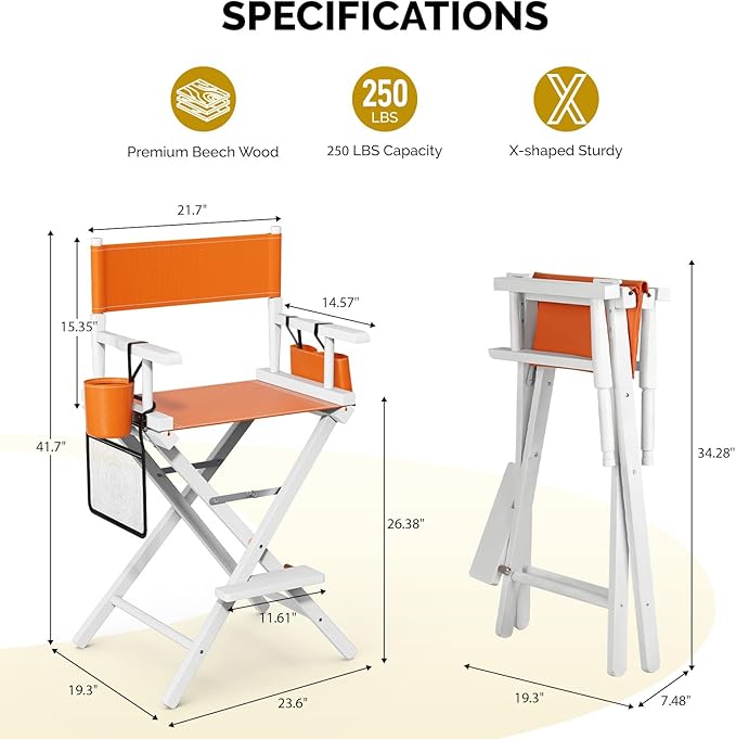 OmySalon 26" H Tall Directors Chair, Wooden Portable Folding Makeup Chair w/Storage Pouch & Footrest, Professional for Salon/Events/Mobile Services, 250lb Capacity, Orange Canvas & White Frame