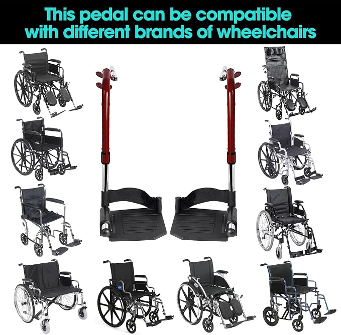 Comfort Support Wheelchair Footrest Replacement - Adjustable Composite Footboard & Heel Loop, Universal Foldable Foot Rest, Red, Lightweight, Easy Installation(1 Pr, Deepred)
