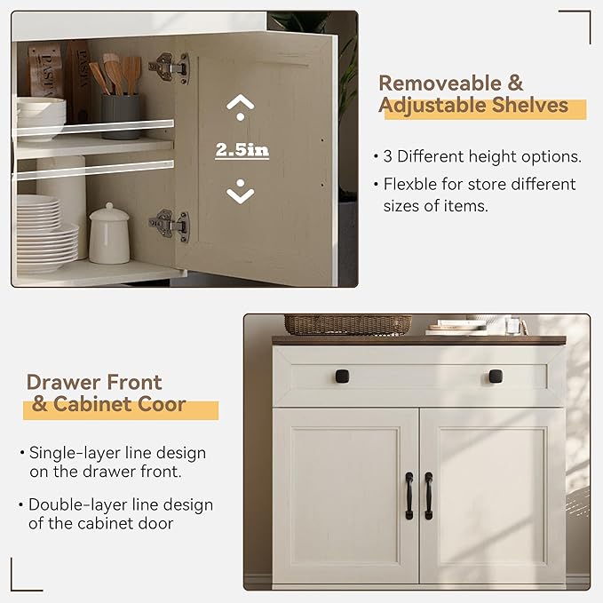 FENSULN Buffet Sideboard Cabinet Farmhouse Modern 3 in 1 Storage Cabinet with Drawer and Adjustable Shelves for Kitchen, Coffee Bar, Living Room, White