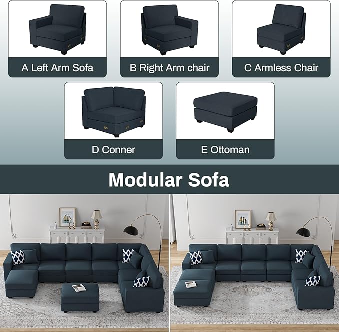 Legend Vansen Oversized Modular Sectional Sofa,U/L‑Shaped Reversible Couch with Ottoman,Deep Seat Plush Polyester Sofa for Living Room,9‑Seater,Charcoal