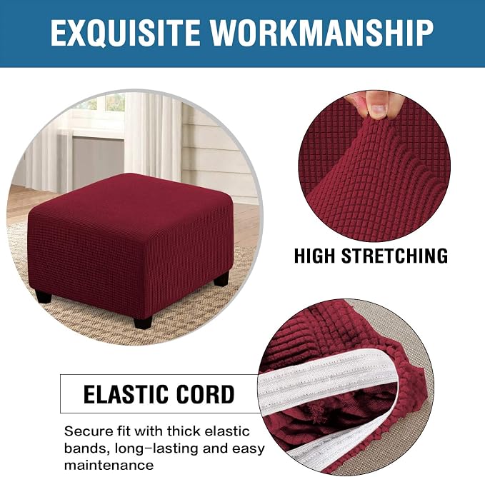 H.VERSAILTEX Square Ottoman Covers Ottoman Slipcovers Folding Storage Stool Furniture Protector Form Fit with Elastic Bottom, Stretch High Spandex Small Checks Jacquard Fabric(Medium,Burgundy Red)