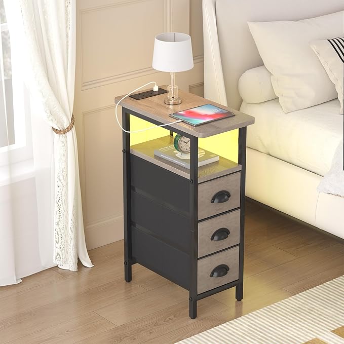 sthmec End Table with Charging Station,LED Side Tables with USB Ports and Outlets,Skinny Bedside Tables with 3 Drawers,Small Tabls Nightstands for Small Space,Slim Sofa Table for Livingroom, Grey