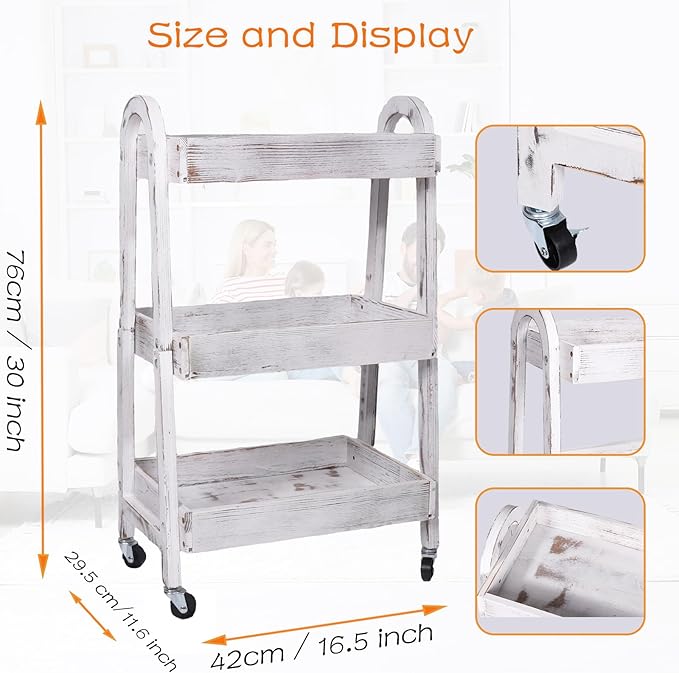 3-Tier Wooden Rolling Cart- Wooden Utility Cart wit Wheels- Utility Rolling Cart-Storage Trolley Organizer- Rolling Kitchen Serving Cart for Office,Kitchen, Kids' Room (Retro White)