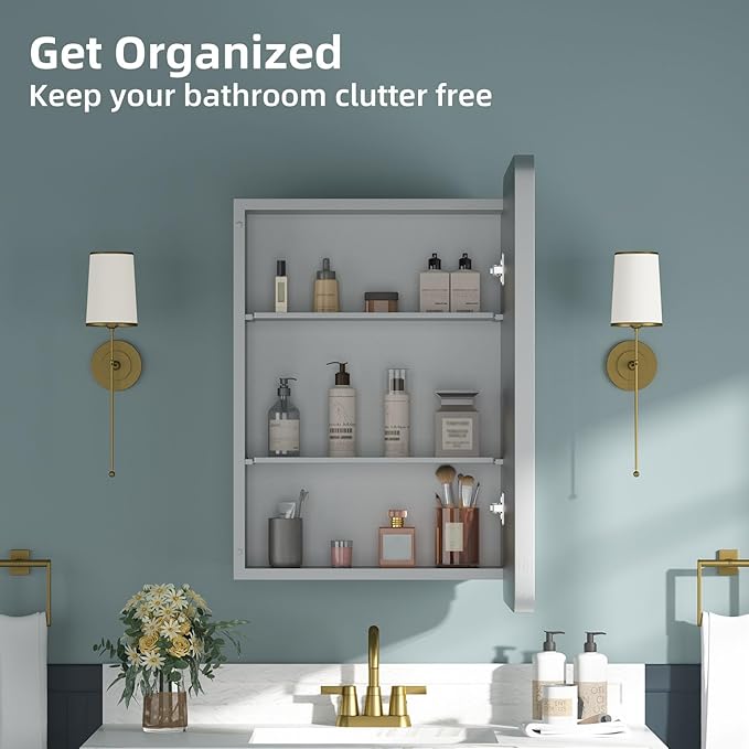 Bathroom Medicine Cabinet with Mirror 16 x 24 Inch, Silver Medicine Cabinet Recessed or Surface Wall-Mounted, Mirrored Cabinets with 2 Adjustable Shelves for Bathroom Vanity