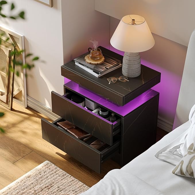 Night Stand Side Table for Bedroom with Drawer Nightstand with Led Lights Modern End Tables for Bedroom Black