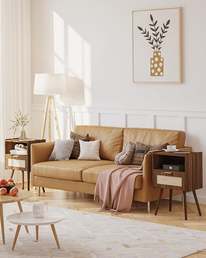 Veegle Nightstand,Modern Bedside Table with Storage Drawer and Open Wood Shelf, Accent Night Stand with Solid Wood Legs for Living Room, Bedroom and Small Spaces,Easy Assembly (Walnut Brown-Rattan)