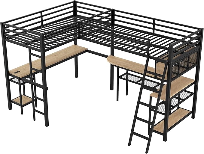 Twin Size Loft Bed with L-Shaped Desk and Storage Shelves, Heavy Duty Metal Loft Bed with LED Lights and and Charging Station for Kids Teens Adults, Saving Space, No Box Spring Needed, Black