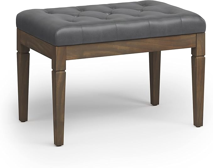 SIMPLIHOME Waverly Small Tufted Ottoman Bench - 28 inch Wide Upholstered Vegan Leather Rectangle Footstool Ottoman in Stone Grey, Traditional Bench for Bedroom or Living Room with Carved Legs