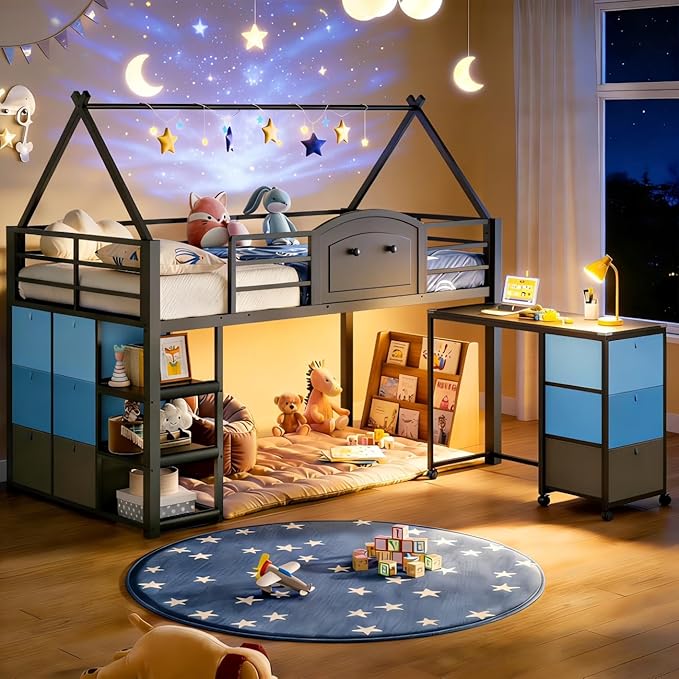 VIAGDO Twin Loft Bed with Desk and Storage for Kids, Metal Low Loft Bed Twin with 9 Drawers, 3-Tier Shelves, Led Lights, Safety Guardrail, No Box Spring Needed,Grey