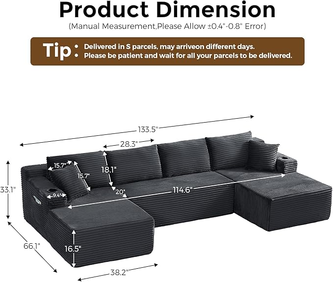 133" Oversized Cloud Boneless Sofa Couch with Chaise, Modern Corduroy U Shaped Modular Sectional Sofa with Deep Seat, Comfy Couch with Cupholders and Storage, No Assembly Required-Grey