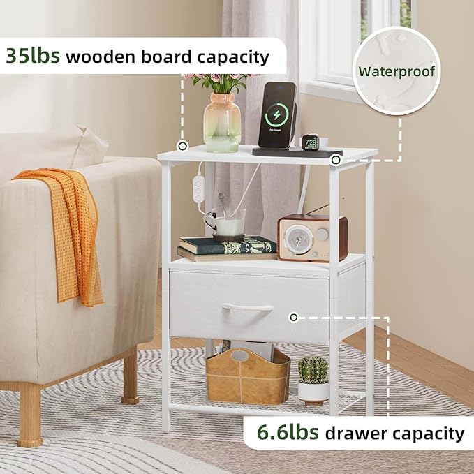 Somdot White Nightstand Set of 2 with Charging Station and LED Light for Bedroom, Bedside Table End Table for Dorm Guest Room Bedside Kids Laundry Closet Entryway Hallway, White Leather