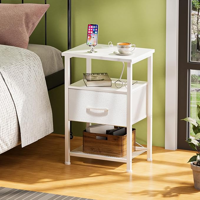LAKEMID Nightstands Set of 2 with Charging Station and Drawer, End Table Bedside Table with 20 Colors LED Light Strip and 2 Layers Shelf for Bedroom Living Room Sofa Couch (White)