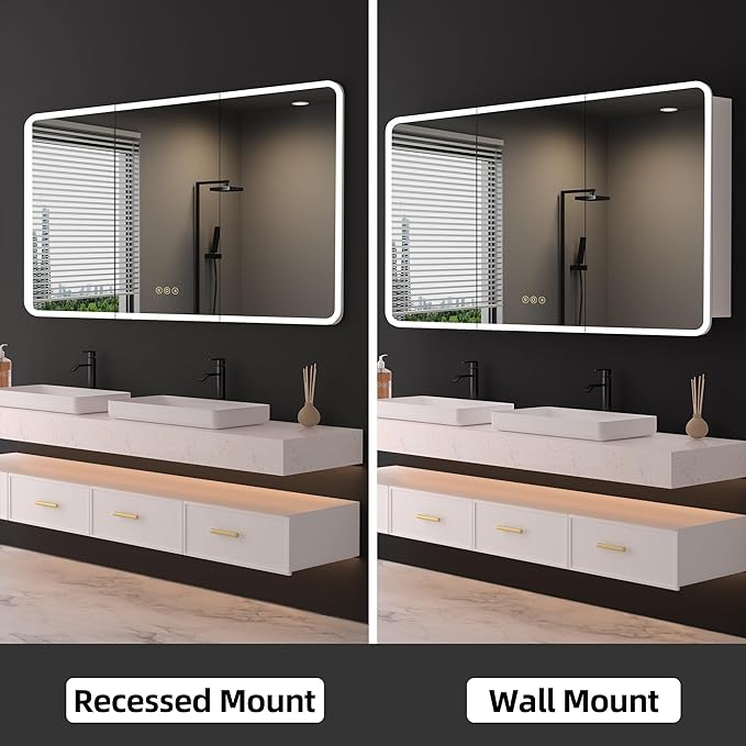 Medicine Cabinet with LED Lights and Mirror, 60 x 32 Inch Surface or Recessed Mounted Bathroom Cabinets with Door, Defogger, Memory Function, 3-Color Mode, Outlet&USB, Dimmer, Storage