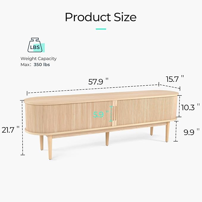 LINSY HOME 58" Fluted TV Stand for TVs up to 65 Inch, Mid Century Modern Entertainment Center with Storage Cabinet and Sliding Doors, Farmhouse Wood Media TV Console for Living Room, Bedroom, Oak