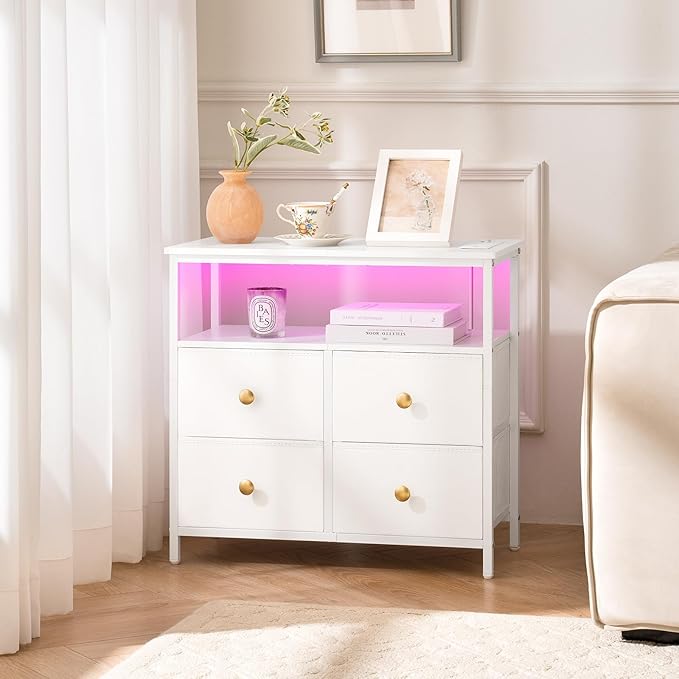 Yoobure Night Stand with Charge Station, Nightstand with 4 Drawers Bedside Table, LED Dresser with Storage Shelf, Night Stands for Bedroom, Side Table 3-Tier Wood End Table for Home, Office White