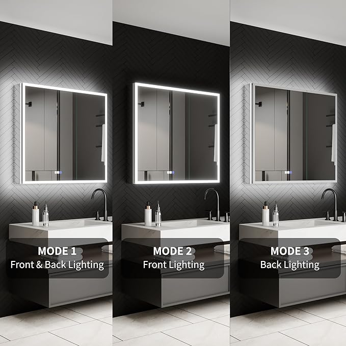 ExBrite 36 x 32 Lighted Medicine Cabinet with Mirror, Front&Backlit led Medicine Cabinet,Defog,5X Magnifier,3 Colors Temper Dimmable,Surface or Recessed Mount,Door Wide Open