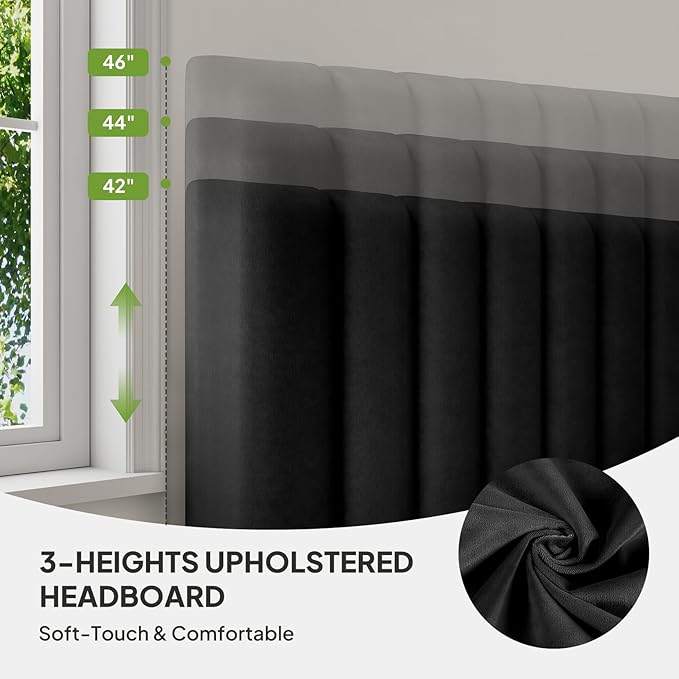 Welzona Kids Twin Upholstered Bed Frame with Headboard, Velvet Upholstered Metal Platform Bed Frame with Vertical Tufted Headboard, 3-Level Height, Metal Slat Support, Noise-Free Easy Assembly, Black