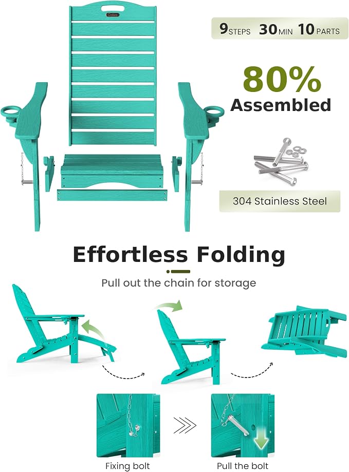 Ciokea Folding Adirondack Chair Set of 4 with Retractable Ottoman Fire Pit Patio Chair with Pull Out Foot Rest Weather Resistant Lawn Outdoor Chair with 2 Cup Holder (Lake Blue)