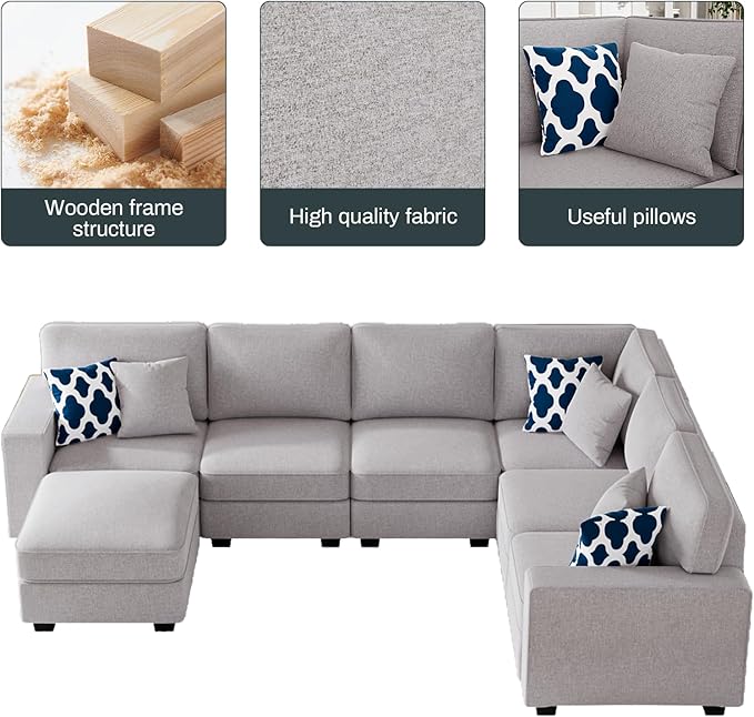 Legend Vansen Oversized Modular Sectional Sofa,U/L‑Shaped Reversible Couch with Ottoman,Deep Seat Plush Polyester Sofa for Living Room,7‑Seater,Light Grey