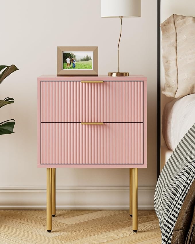 Aienvey Night Stand, Modern Nightstand with Drawers, Bedside Table, Gold Small Side Table for Bedroom, Living Room End Table (Pink Stripe, 2 Drawers)